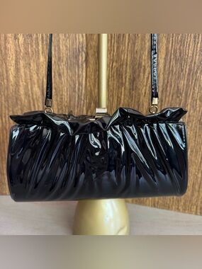 Vintage Black Vinyl Ruffle Coquette Crossbody Evening‎ Cocktail Purse Bag Clutch